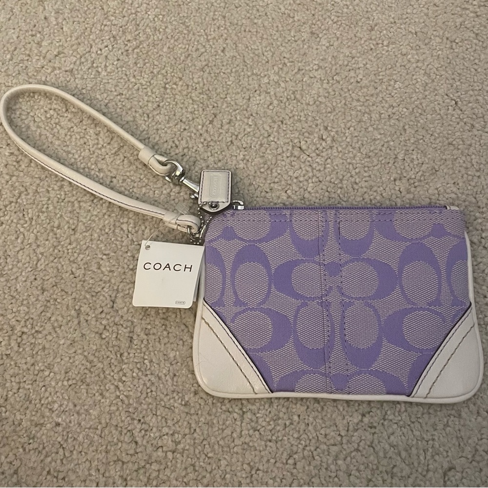 brand new coach purple and white wristlet wallet